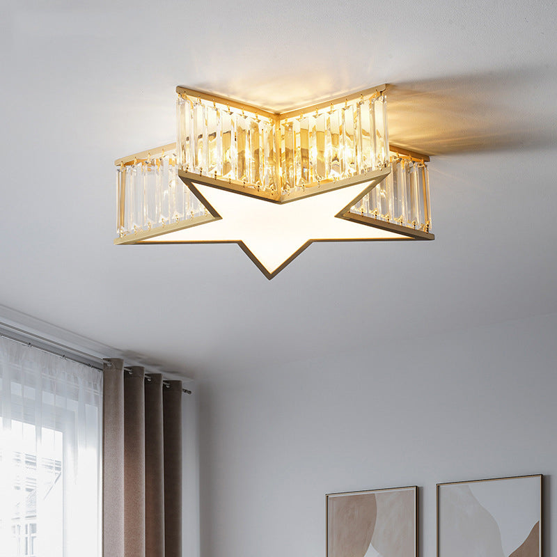 Plafonnier en forme d'étoile dorée, plafonnier à 5 lumières en cuivre de style créatif colonial avec abat-jour en cristal