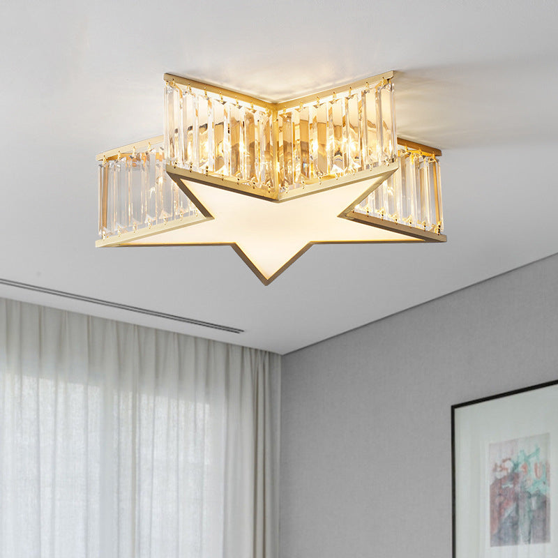 Plafonnier en forme d'étoile dorée, plafonnier à 5 lumières en cuivre de style créatif colonial avec abat-jour en cristal