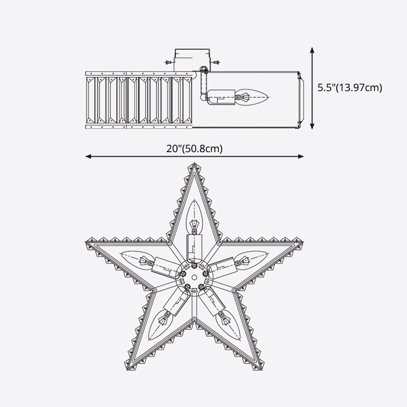 Plafonnier en forme d'étoile dorée, plafonnier à 5 lumières en cuivre de style créatif colonial avec abat-jour en cristal