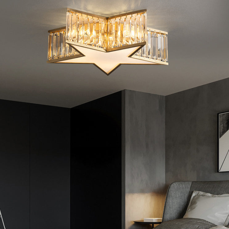 Plafonnier en forme d'étoile dorée, plafonnier à 5 lumières en cuivre de style créatif colonial avec abat-jour en cristal