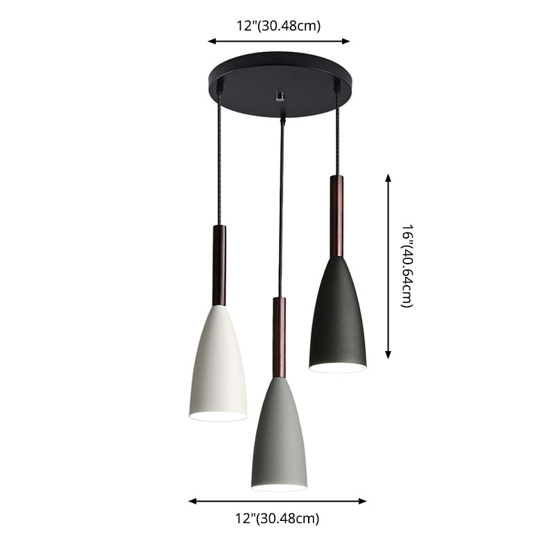 Pendant multi-lumière à teinte conique à 3 légers, luminaire de plafond multi-pendentif en métal minimaliste