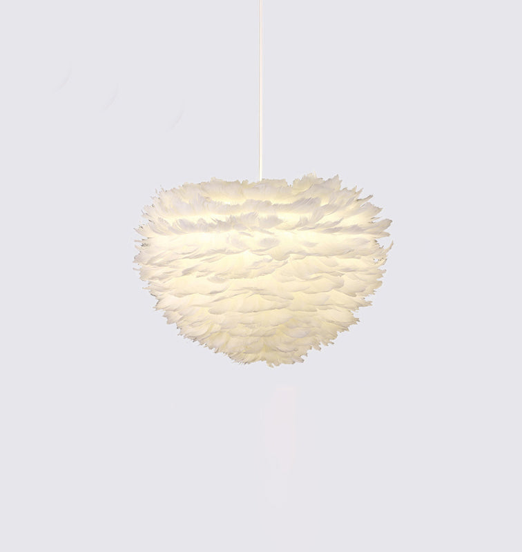 Romantic Heart Shaped Hanging Light, Feather Shade Single-Bulb Pendant Lighting in White for Bedroom