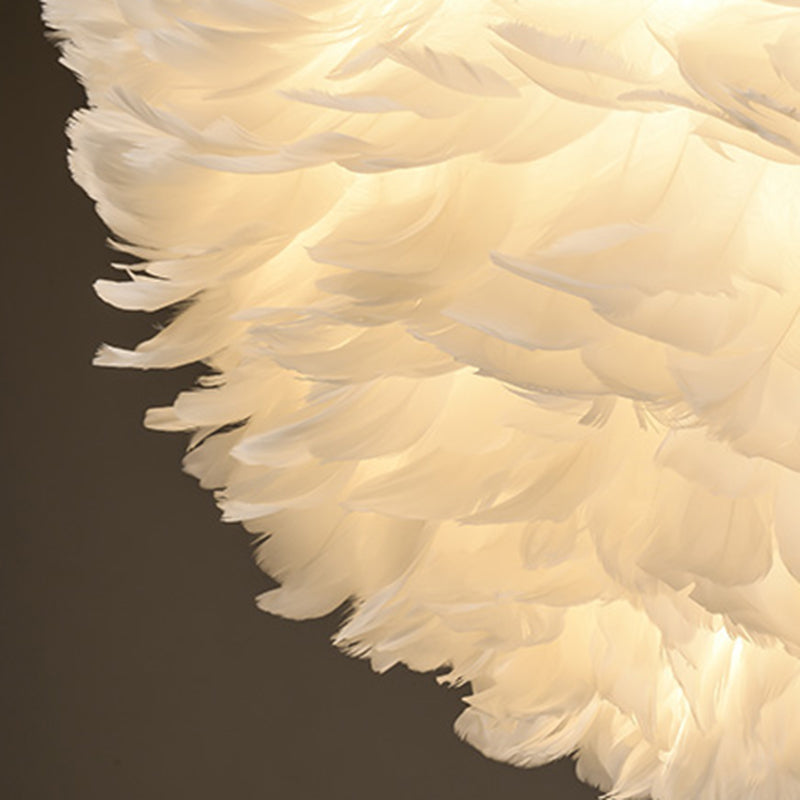 Romantic Heart Shaped Hanging Light, Feather Shade Single-Bulb Pendant Lighting in White for Bedroom