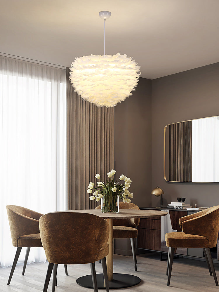 Romantic Heart Shaped Hanging Light, Feather Shade Single-Bulb Pendant Lighting in White for Bedroom