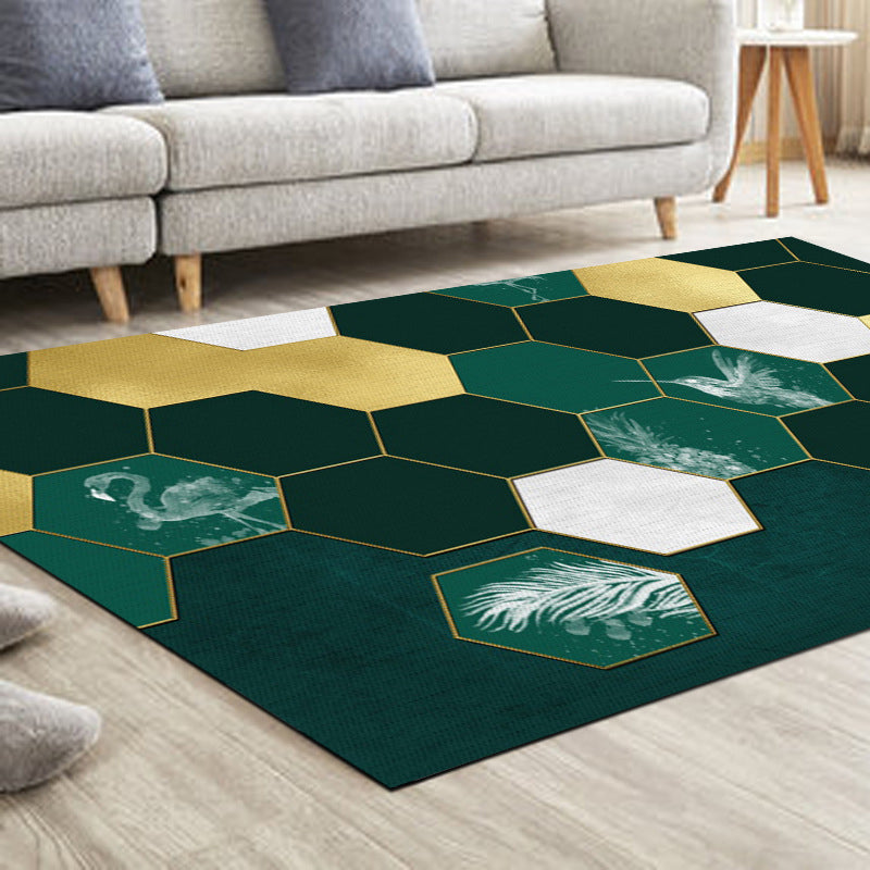 White Geometric Print Area Carpet White Polyester Area Rug Non-Slip Backing Rug for Home Decor