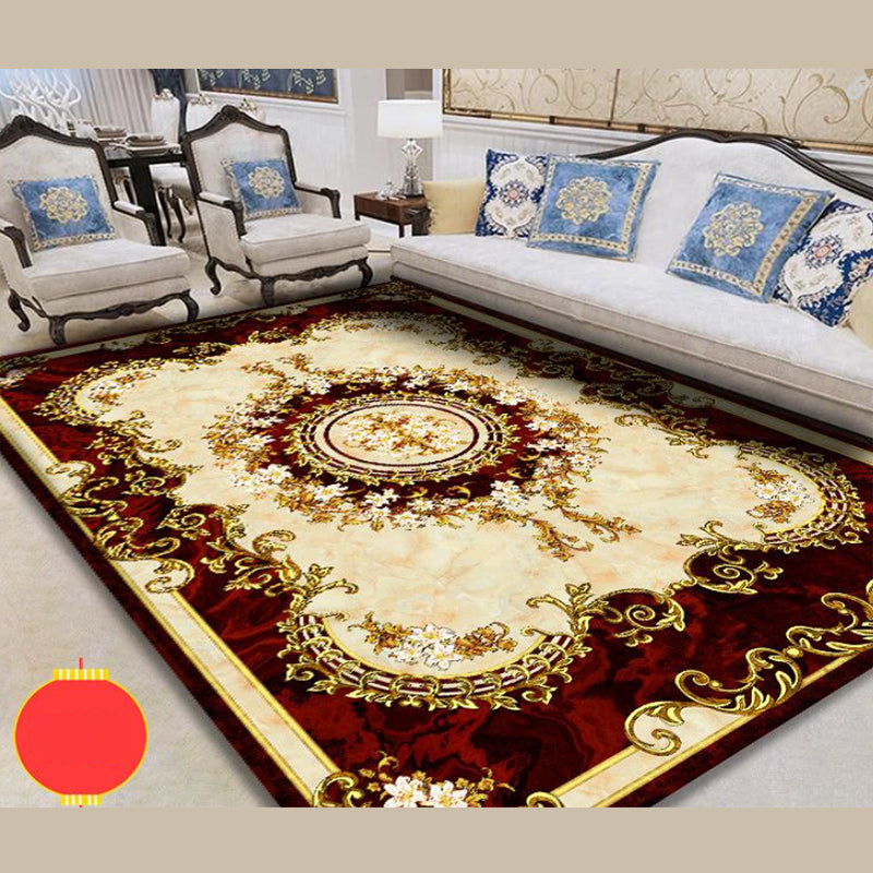 Dunkelroter Vintage Teppich Polyester Blumen Teppich Rutschhalter Teppich für Wohnzimmer