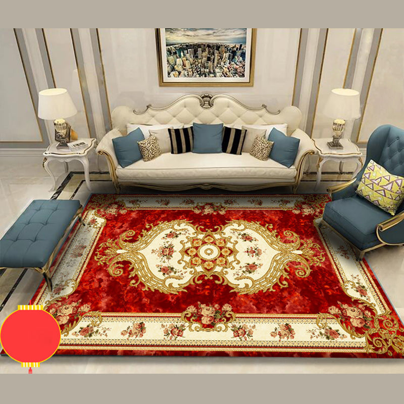 Dunkelroter Vintage Teppich Polyester Blumen Teppich Rutschhalter Teppich für Wohnzimmer