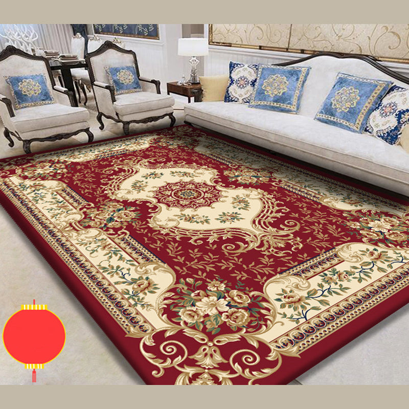 Dunkelroter Vintage Teppich Polyester Blumen Teppich Rutschhalter Teppich für Wohnzimmer