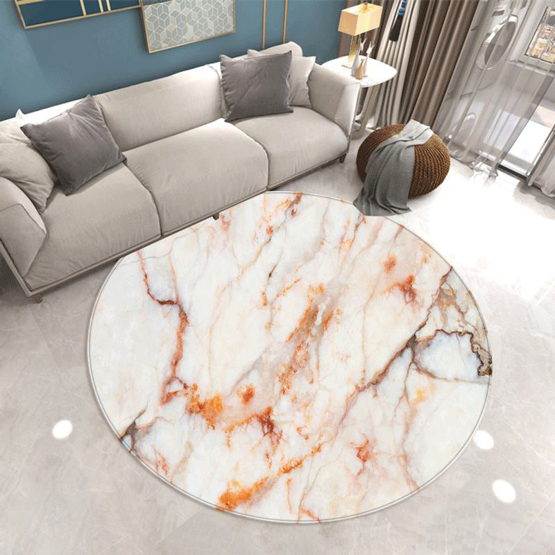 Round Gorgeous Carpet Simple Marble Print Indoor Rug Polyester Stain Resistant Carpet for Home Decor