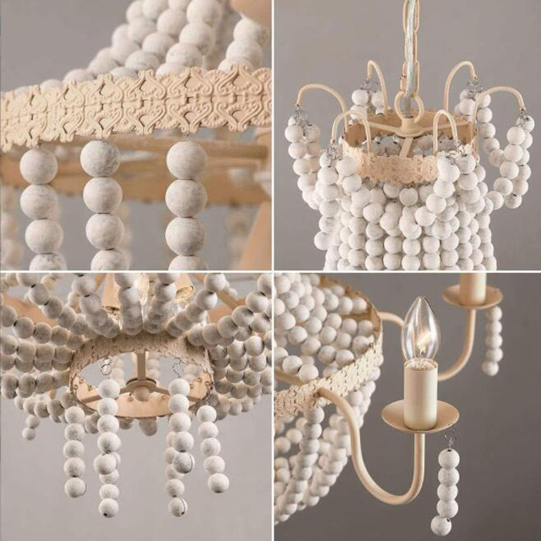 Distressed White Beaded Chandelier Country Style Wooden Living Room Pendant Light