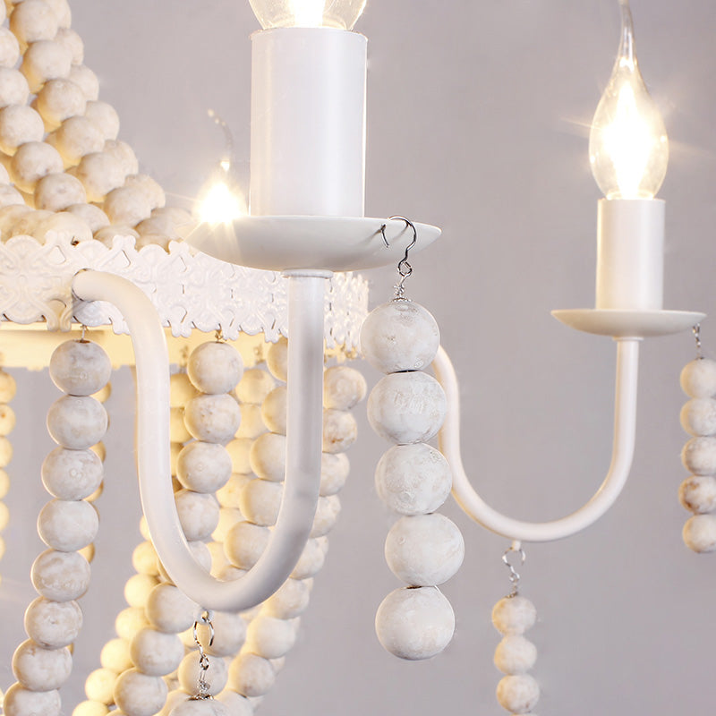 Distressed White Beaded Chandelier Country Style Wooden Living Room Pendant Light