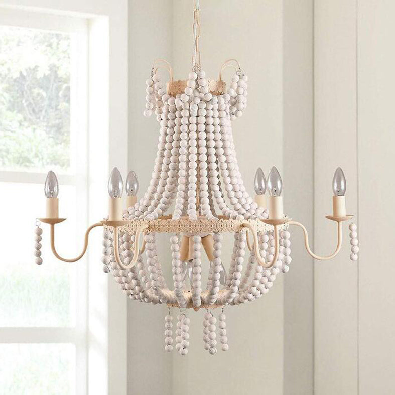 Distressed White Beaded Chandelier Country Style Wooden Living Room Pendant Light