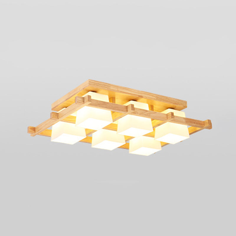 Geometrische Deckenleuchte in Holzfarbe im modernen, prägnanten Stil für den Innenbereich aus Holz mit Glasschirm