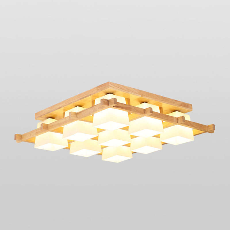 Geometrische Deckenleuchte in Holzfarbe im modernen, prägnanten Stil für den Innenbereich aus Holz mit Glasschirm