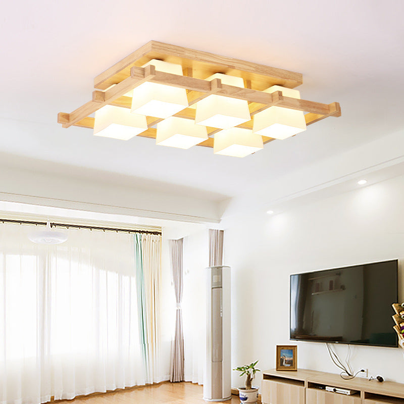 Geometrische Deckenleuchte in Holzfarbe im modernen, prägnanten Stil für den Innenbereich aus Holz mit Glasschirm