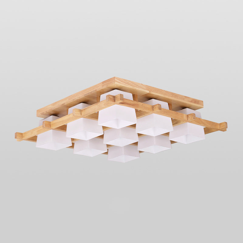 Log Color Geometric Ceiling Light in Modern Concise Style Wooden Indoor Flush Mount with Glass Shade