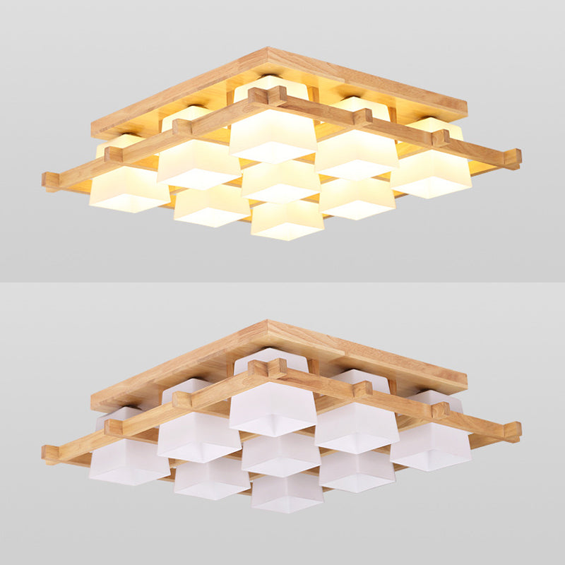 Geometrische Deckenleuchte in Holzfarbe im modernen, prägnanten Stil für den Innenbereich aus Holz mit Glasschirm