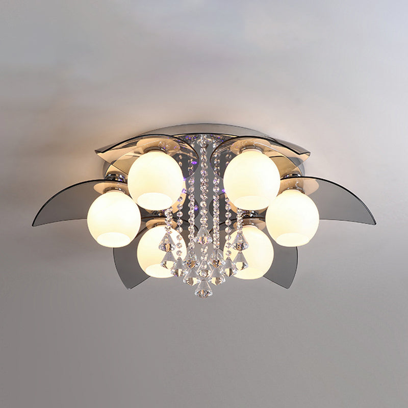 Lámpara de techo de globo de metal de estilo moderno y lujoso con montaje empotrado de cristal plateado y decoración de cristal