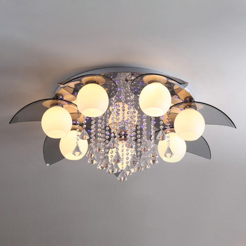 Lámpara de techo de globo de metal de estilo moderno y lujoso con montaje empotrado de cristal plateado y decoración de cristal