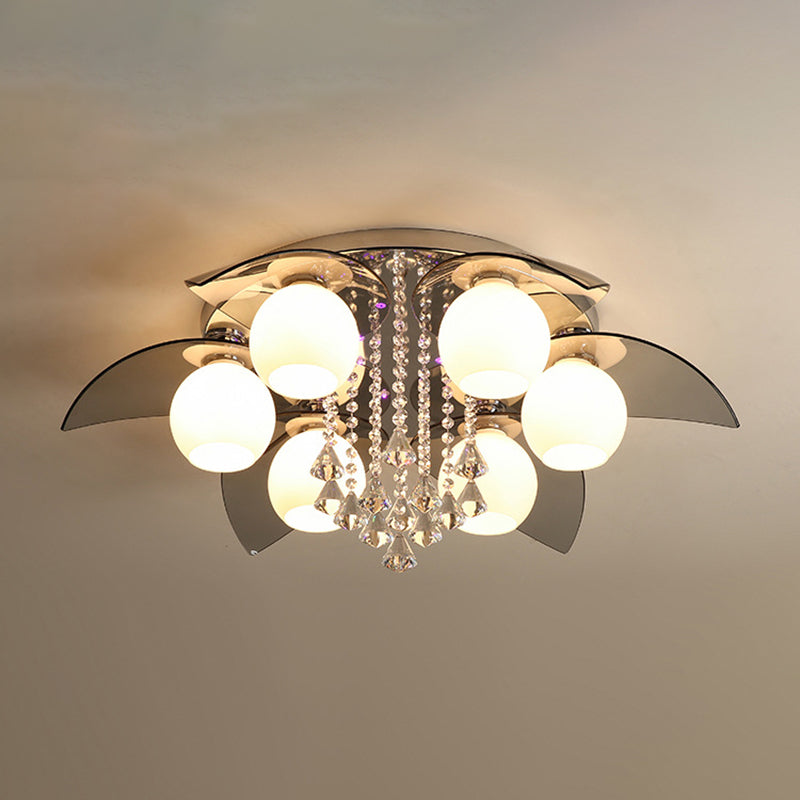 Lámpara de techo de globo de metal de estilo moderno y lujoso con montaje empotrado de cristal plateado y decoración de cristal