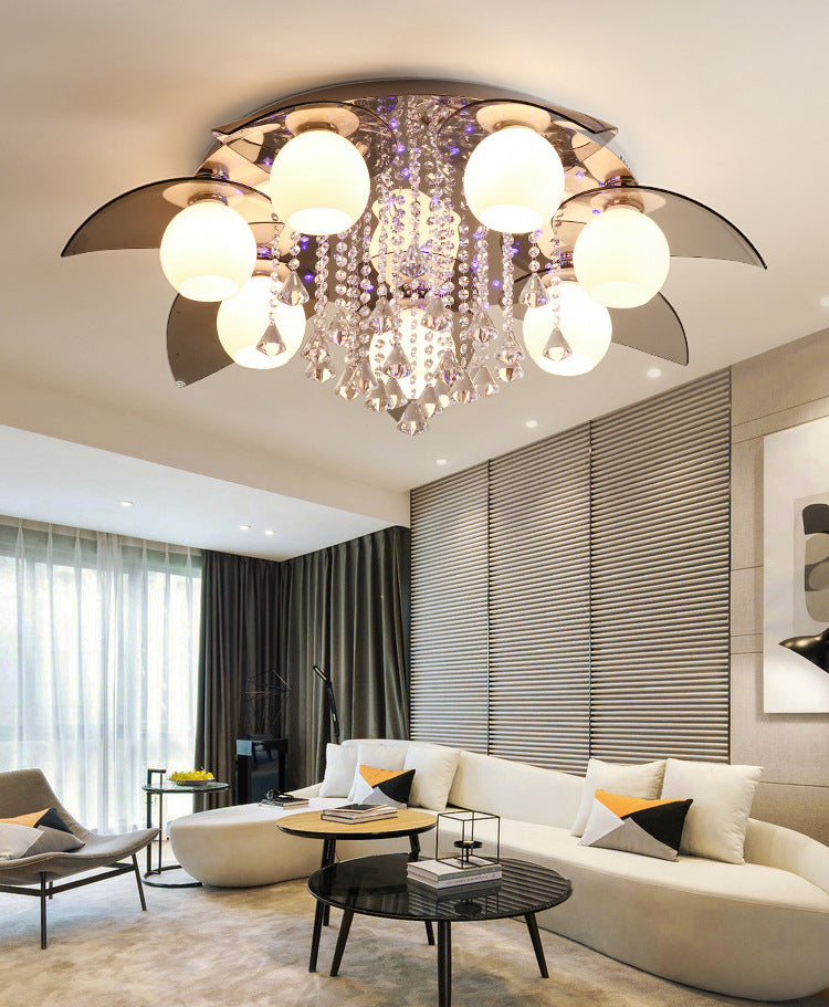 Lámpara de techo de globo de metal de estilo moderno y lujoso con montaje empotrado de cristal plateado y decoración de cristal