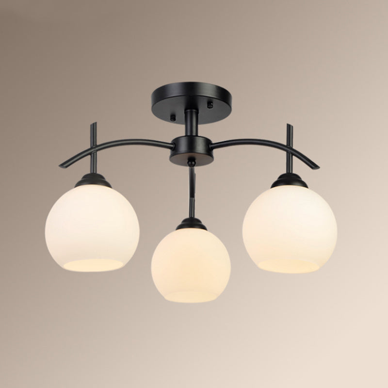 Plafonnier satellite artificiel classique traditionnel en fer forgé semi - encastré avec abat - jour en verre blanc