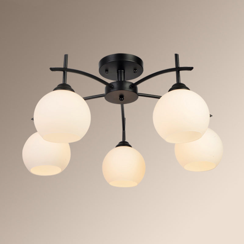 Plafonnier satellite artificiel classique traditionnel en fer forgé semi - encastré avec abat - jour en verre blanc