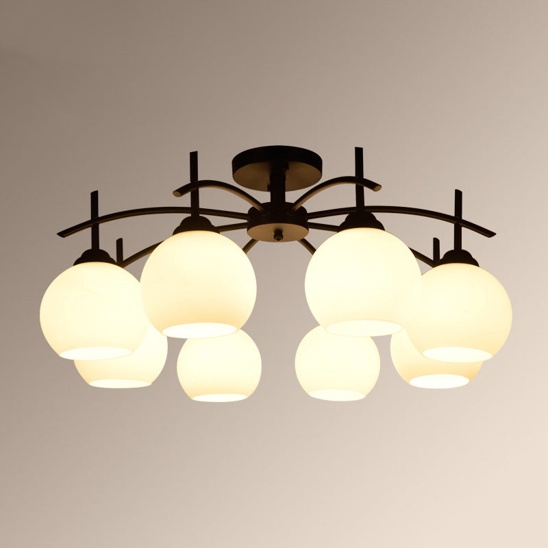 Plafonnier satellite artificiel classique traditionnel en fer forgé semi - encastré avec abat - jour en verre blanc