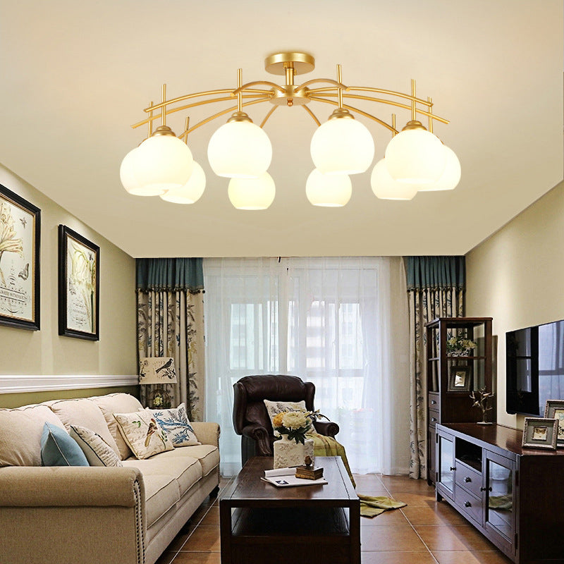 Plafonnier satellite artificiel classique traditionnel en fer forgé semi - encastré avec abat - jour en verre blanc