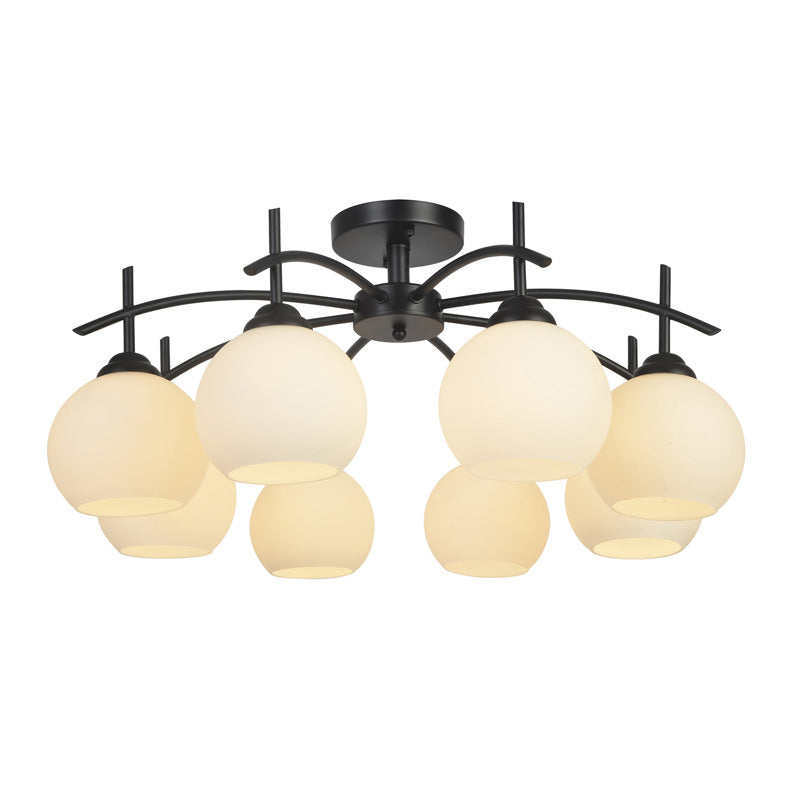 Plafonnier satellite artificiel classique traditionnel en fer forgé semi - encastré avec abat - jour en verre blanc