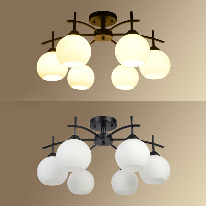 Plafonnier satellite artificiel classique traditionnel en fer forgé semi - encastré avec abat - jour en verre blanc