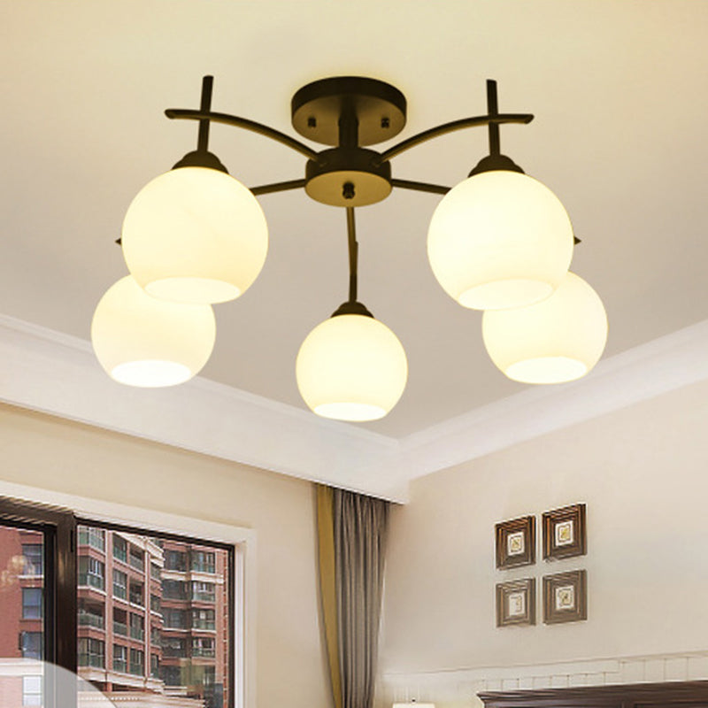 Plafonnier satellite artificiel classique traditionnel en fer forgé semi - encastré avec abat - jour en verre blanc