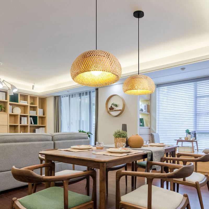 1-Light Beige Bamboo Suspended Lighting Fixture Asia Pendant Light Kit for Tea Room