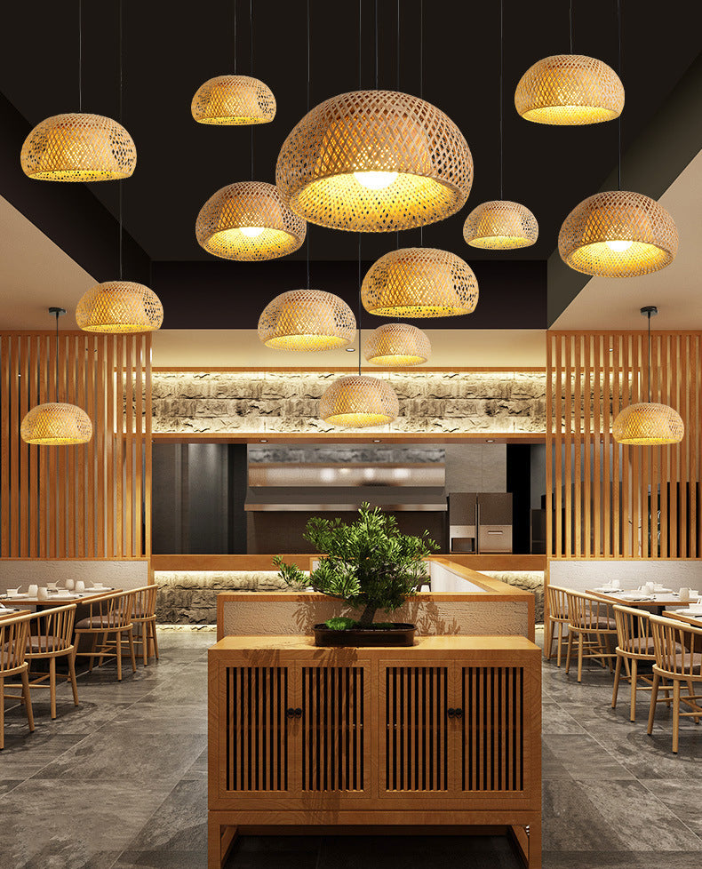 1-Light Beige Bamboo Suspended Lighting Fixture Asia Pendant Light Kit for Tea Room