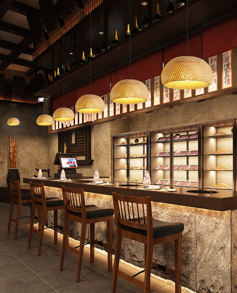 1-Light Beige Bamboo Suspended Lighting Fixture Asia Pendant Light Kit for Tea Room