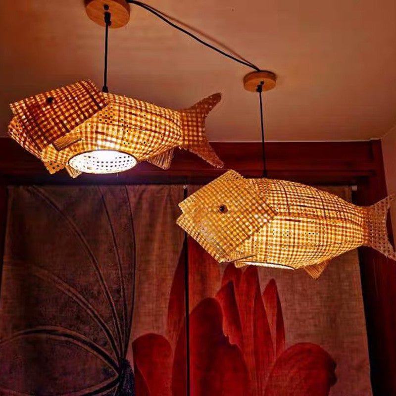 1-Light Bamboo Suspended Lighting Fixture Chinese Pendant Light Kit for Dining Room