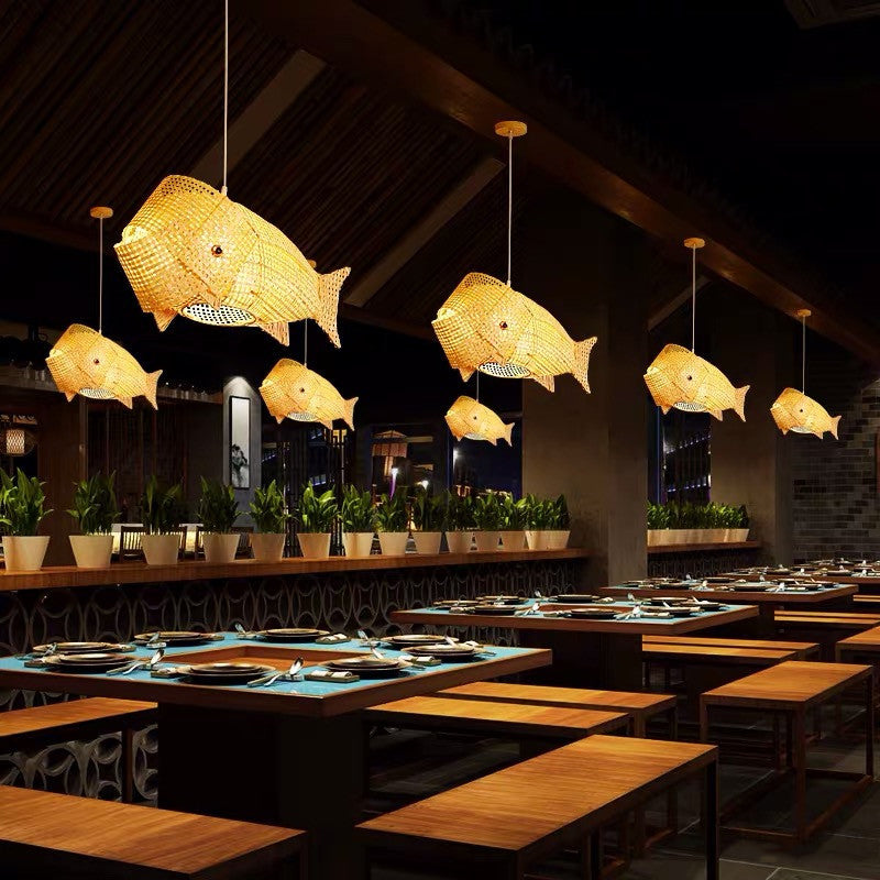 1-Light Bamboo Suspended Lighting Fixture Chinese Pendant Light Kit for Dining Room