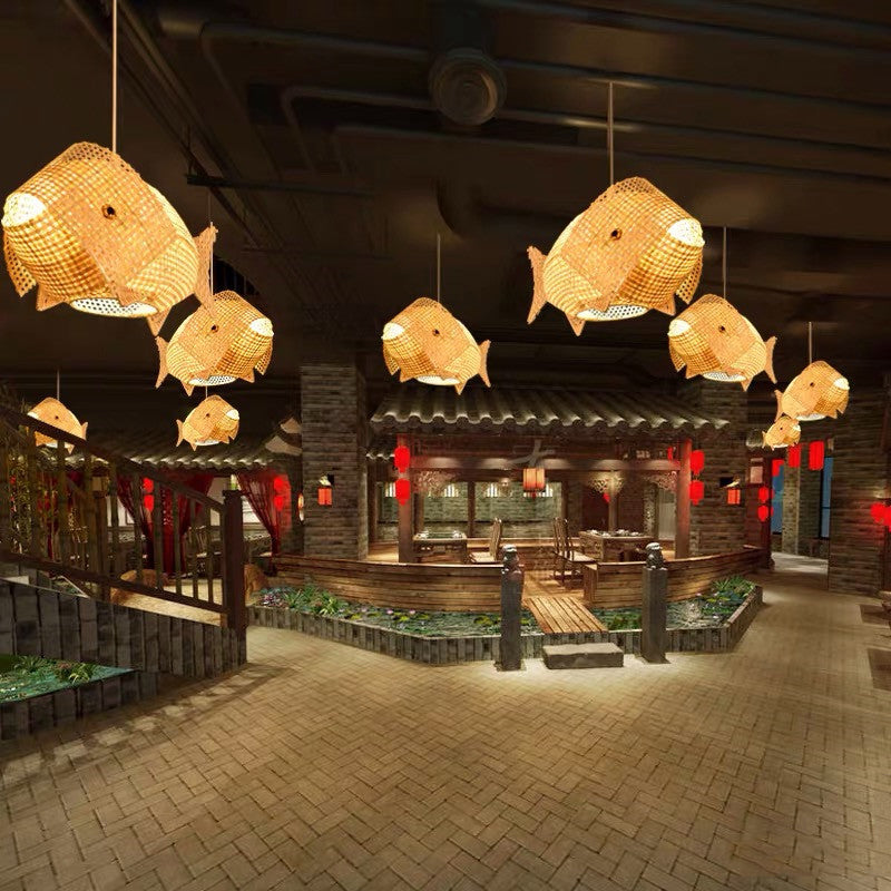 1-Light Bamboo Suspended Lighting Fixture Chinese Pendant Light Kit for Dining Room