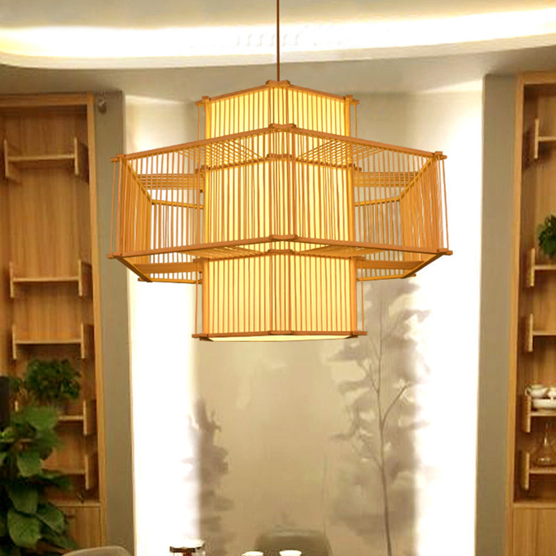 Bamboo Asia Pendant Light 1-Light Beige Hanging Ceiling Light for Tea Room