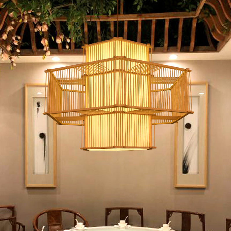 Bamboo Asia Pendant Light 1-Light Beige Hanging Ceiling Light for Tea Room
