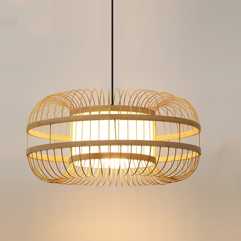 Beige 1-Light Japanese Hanging Lamp Kit Lantern Silk Pendant for Dining Room