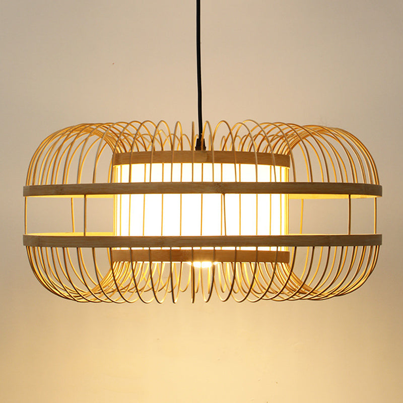 Beige 1-Light Japanese Hanging Lamp Kit Lantern Silk Pendant for Dining Room