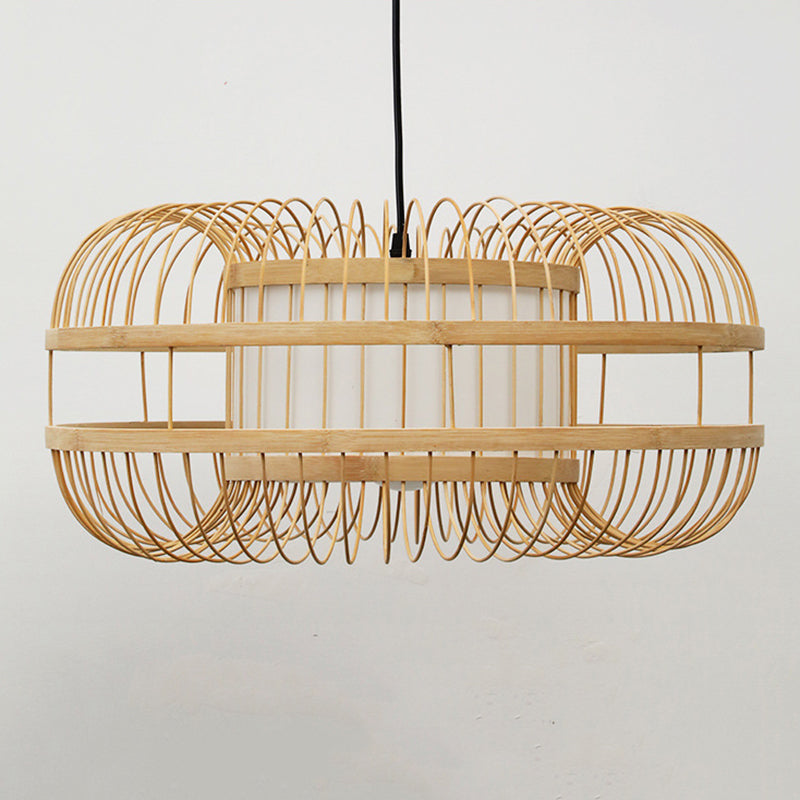 Beige 1-Light Japanese Hanging Lamp Kit Lantern Silk Pendant for Dining Room