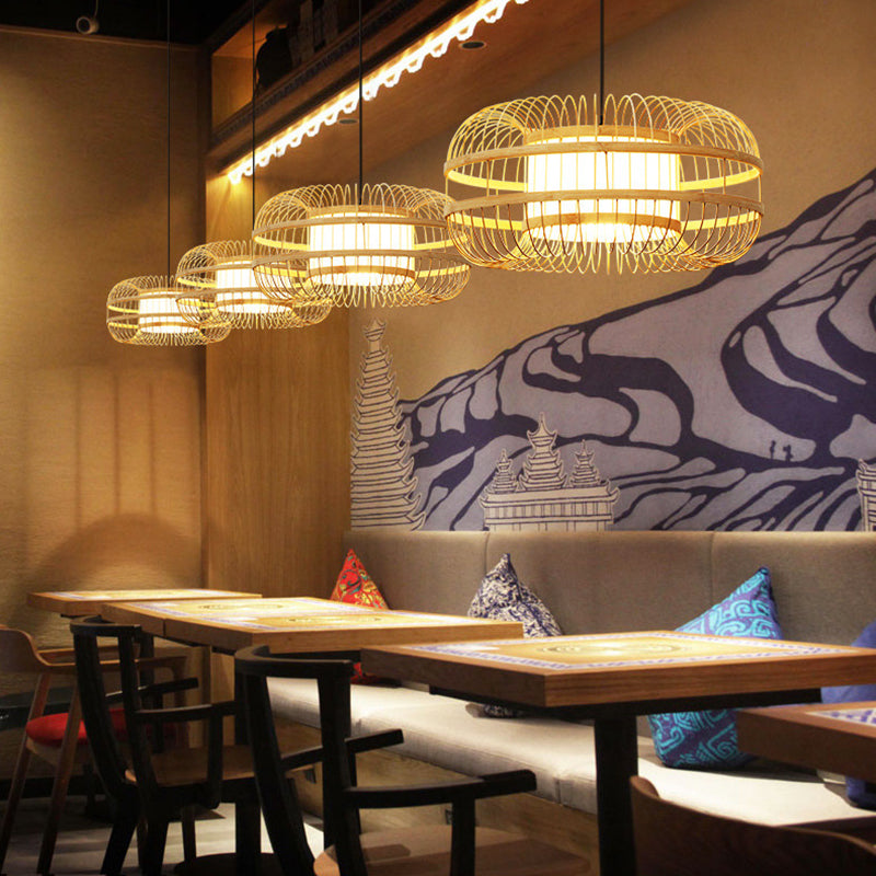 Beige 1-Light Japanese Hanging Lamp Kit Lantern Silk Pendant for Dining Room