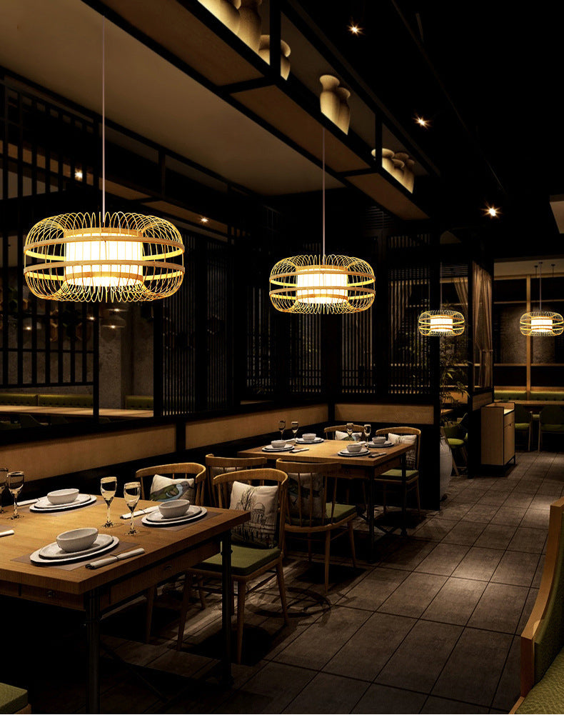 Beige 1-Light Japanese Hanging Lamp Kit Lantern Silk Pendant for Dining Room