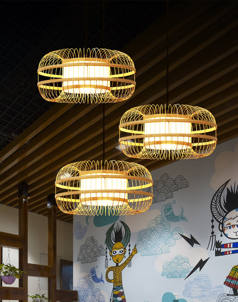 Beige 1-Light Japanese Hanging Lamp Kit Lantern Silk Pendant for Dining Room