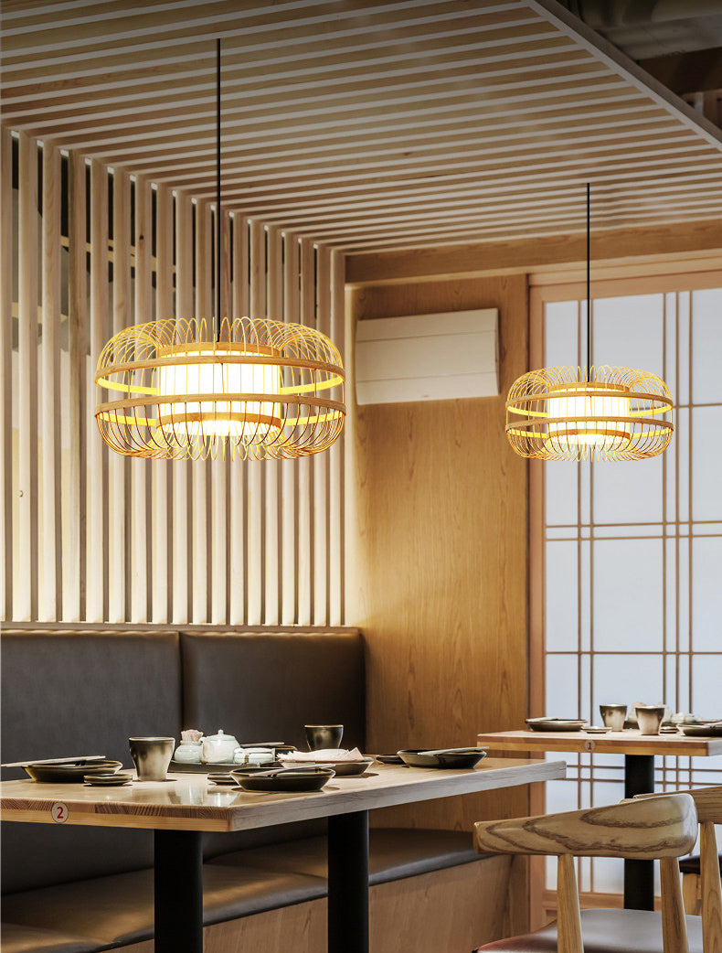 Beige 1-Light Japanese Hanging Lamp Kit Lantern Silk Pendant for Dining Room