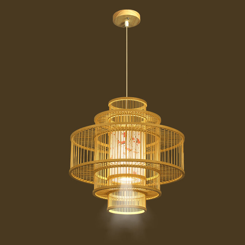 1-Light Bamboo Suspended Lighting Fixture Chinese Pendant Light Kit for Dining Room