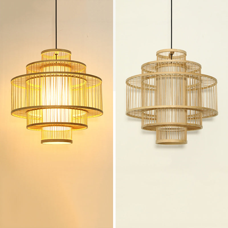 1-Light Bamboo Suspended Lighting Fixture Chinese Pendant Light Kit for Dining Room