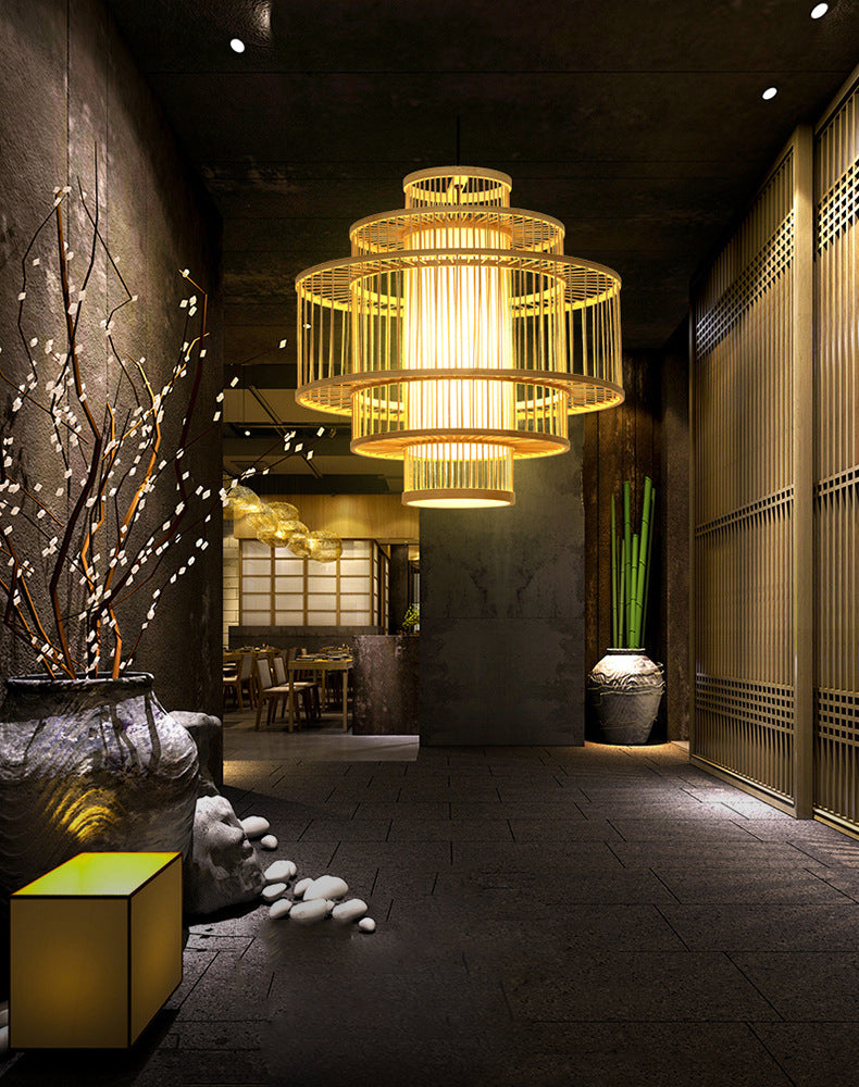 1-Light Bamboo Suspended Lighting Fixture Chinese Pendant Light Kit for Dining Room